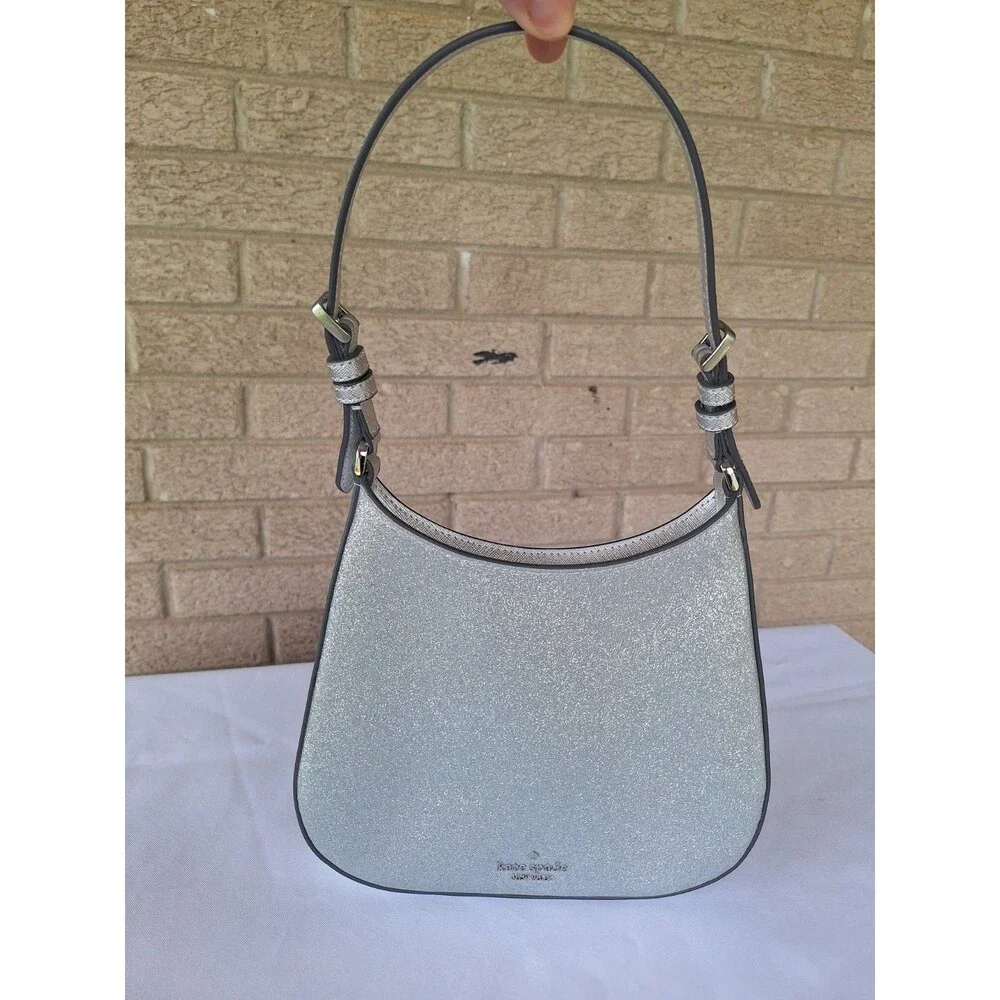 kate spade new york Silver Metallic Glitter Crescent Shoulder Bag Zip Closure